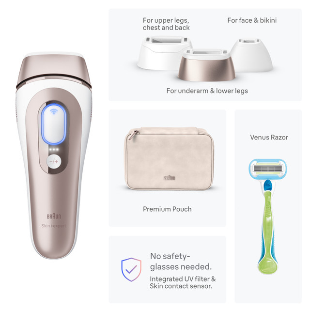 Braun Skin i·expert Smart IPL: At Home Alternative to Laser Hair Removal with 3 Caps and Leather Pouch, PL7243 for Women | Quick Ship